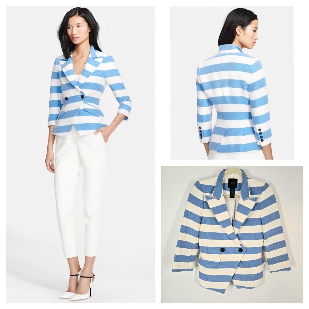 Smythe Striped Spring Crossover Blazer in Awning Blue & White Linen Womens Sz 4